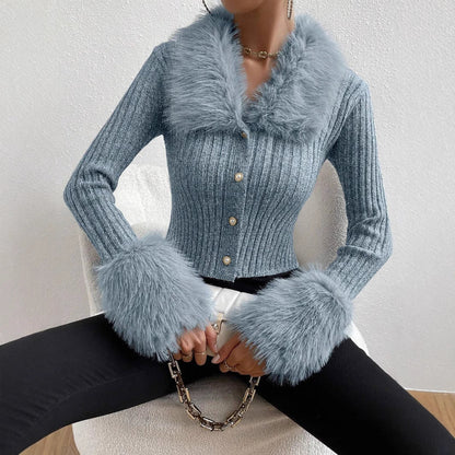 Women's Knitted Sweater with Fluffy Collar and Chic Sleeves