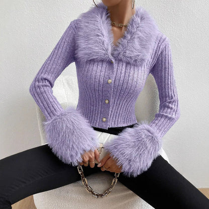 Women's Knitted Sweater with Fluffy Collar and Chic Sleeves