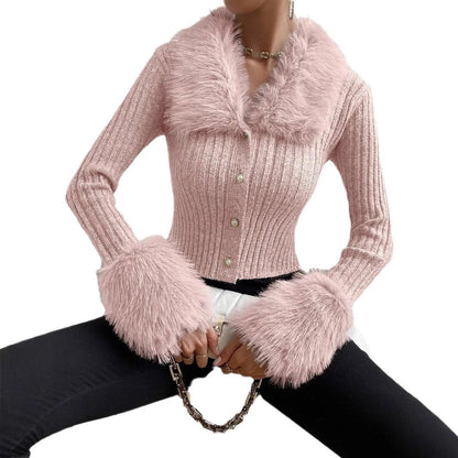 Women's Knitted Sweater with Fluffy Collar and Chic Sleeves