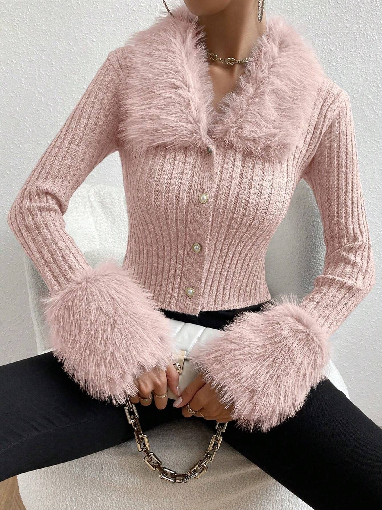 Women's Knitted Sweater with Fluffy Collar and Chic Sleeves