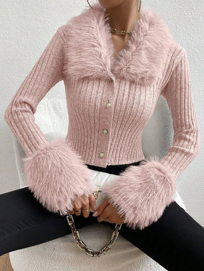 Women's Knitted Sweater with Fluffy Collar and Chic Sleeves