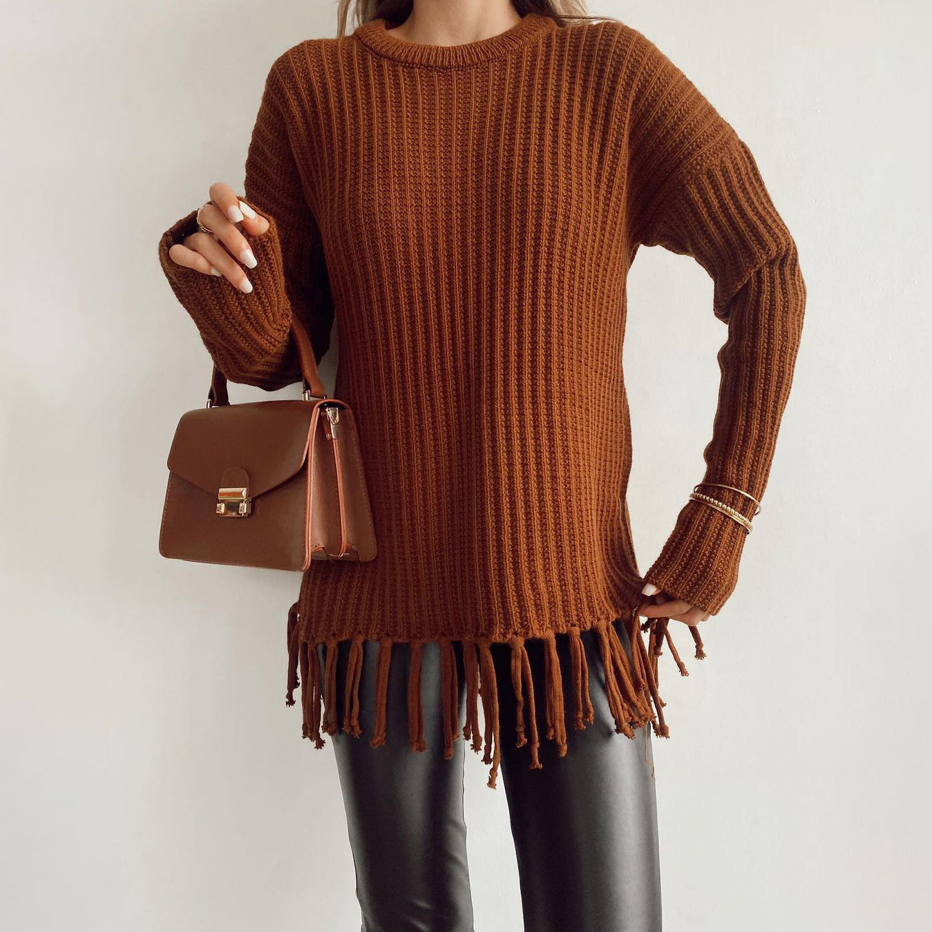 Women's Knitted Sweater with Fringe Detail and Ribbed Texture