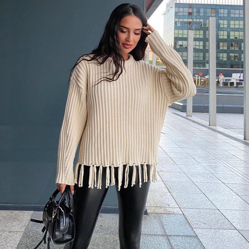 Women's Knitted Sweater with Fringe Detail and Ribbed Texture