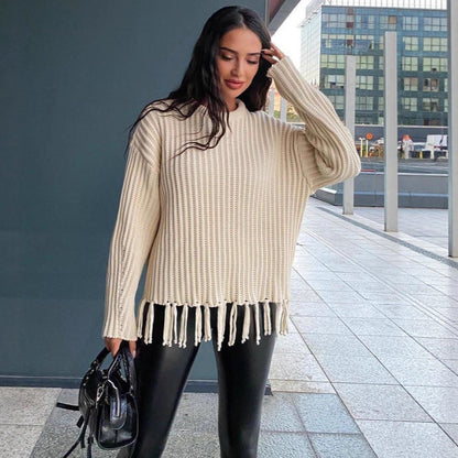Women's Knitted Sweater with Fringe Detail and Ribbed Texture