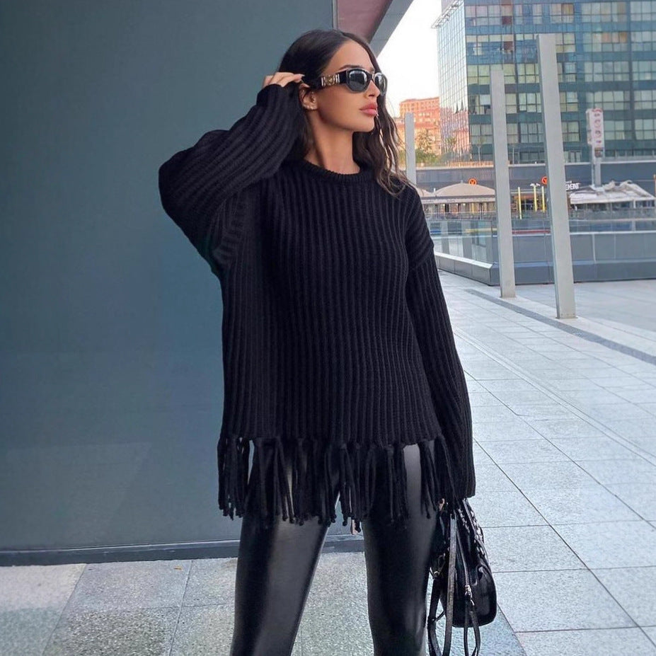Women's Knitted Sweater with Fringe Detail and Ribbed Texture