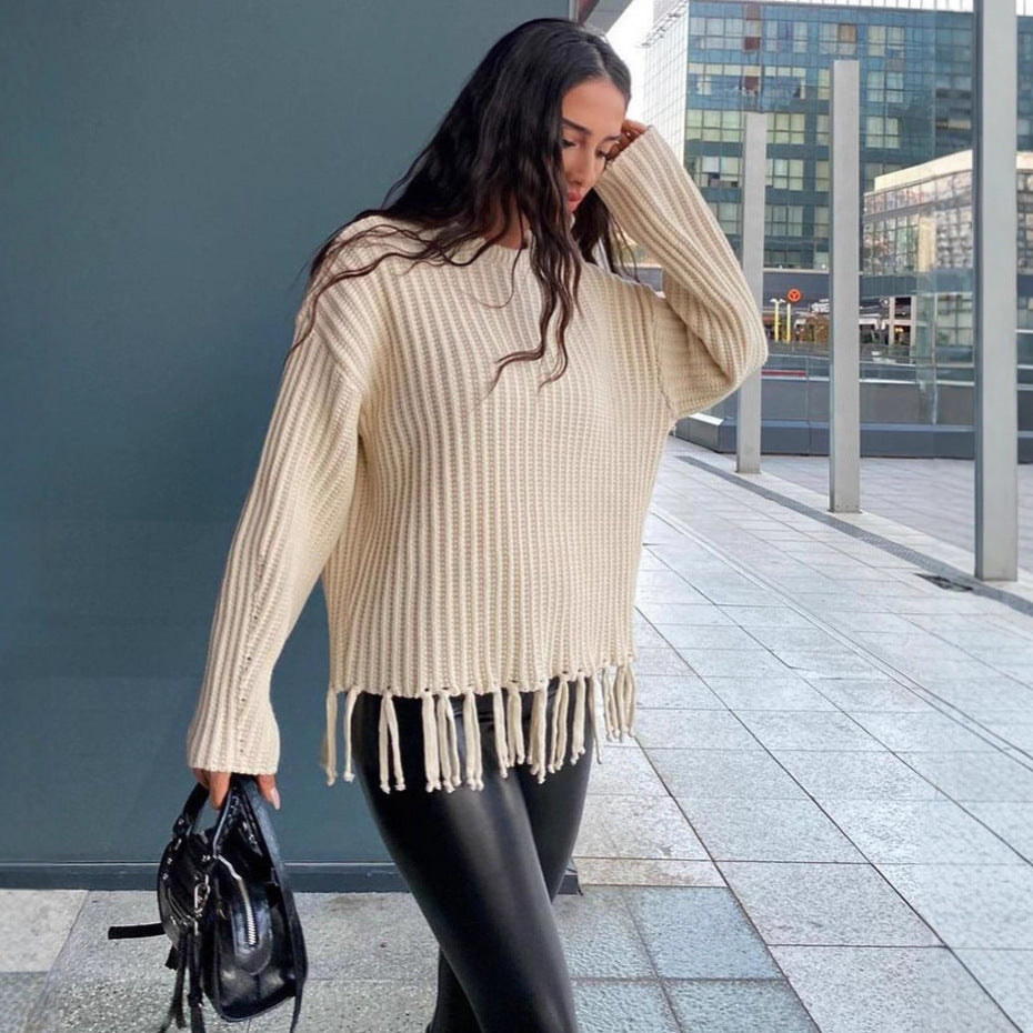 Women's Knitted Sweater with Fringe Detail and Ribbed Texture