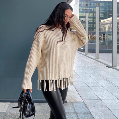 Women's Knitted Sweater with Fringe Detail and Ribbed Texture