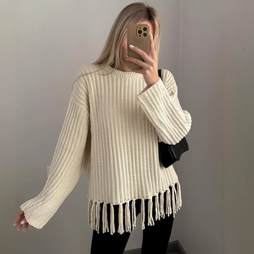 Women's Knitted Sweater with Fringe Detail and Ribbed Texture