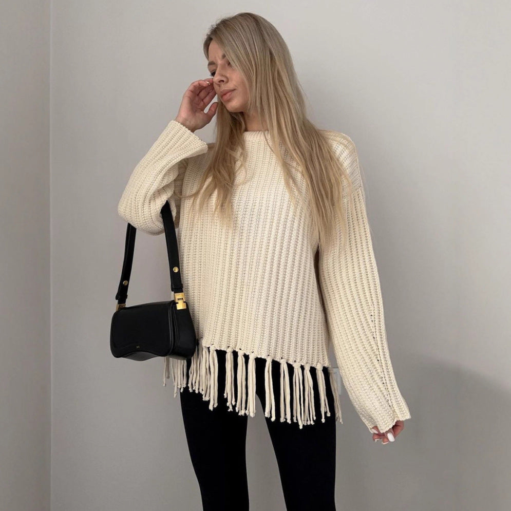 Women's Knitted Sweater with Fringe Detail and Ribbed Texture
