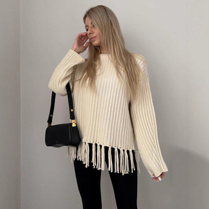 Women's Knitted Sweater with Fringe Detail and Ribbed Texture