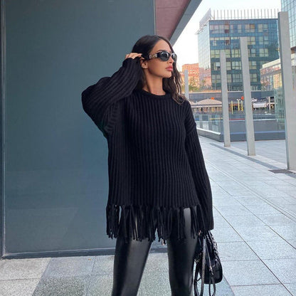 Women's Knitted Sweater with Fringe Detail and Ribbed Texture