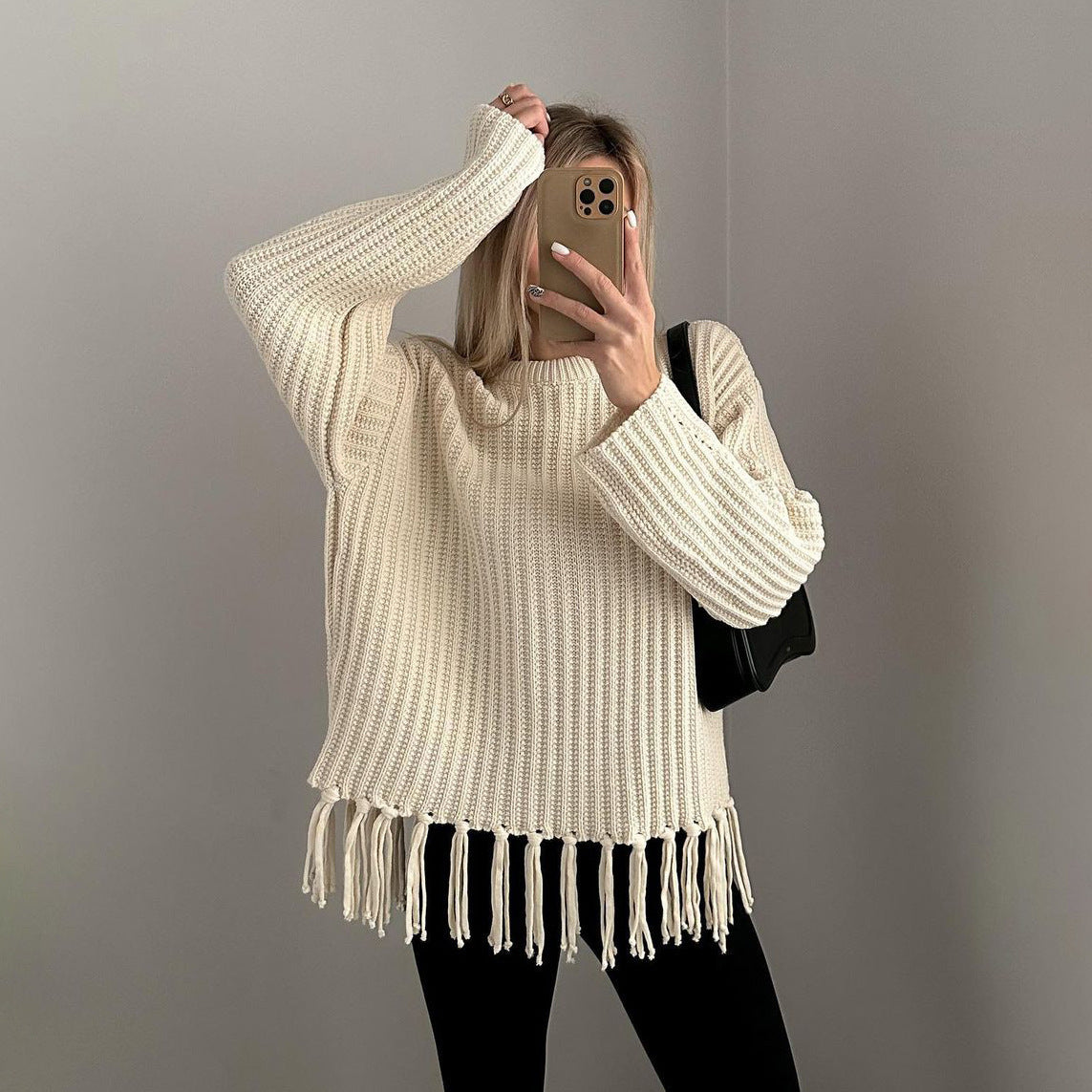 Women's Knitted Sweater with Fringe Detail and Ribbed Texture