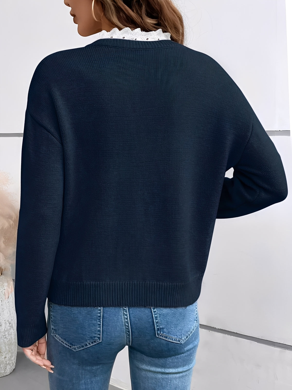 Women's Knitted Sweater with Lace Trim V-Neckline