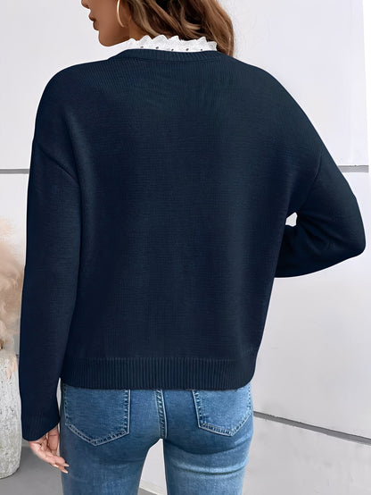 Women's Knitted Sweater with Lace Trim V-Neckline
