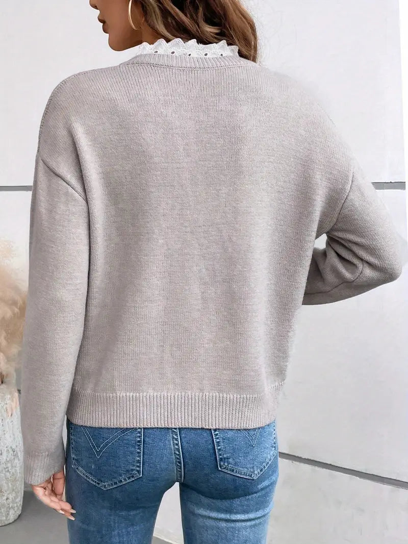 Women's Knitted Sweater with Lace Trim V-Neckline
