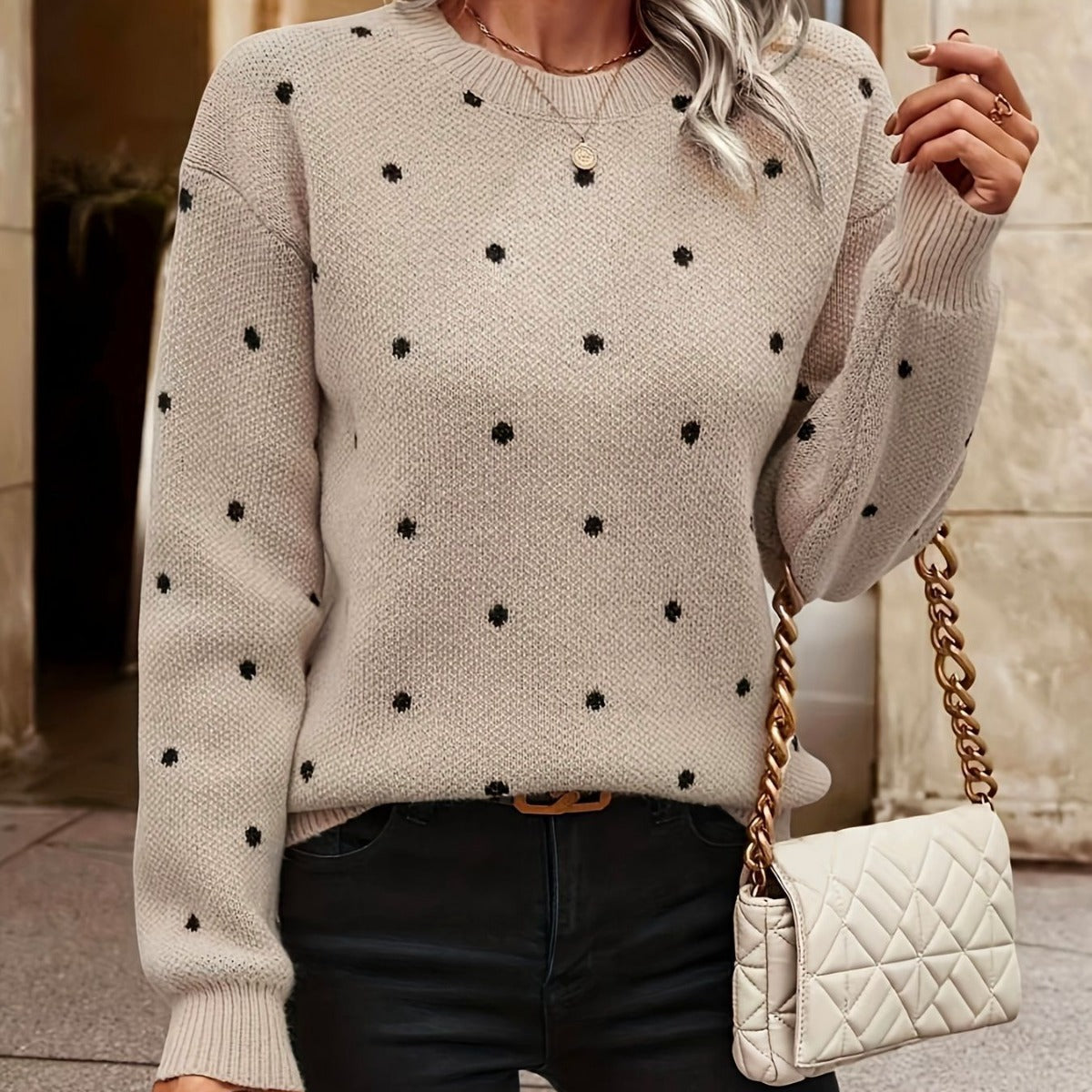 Women's Knitted Sweater with Polka Dot Pattern