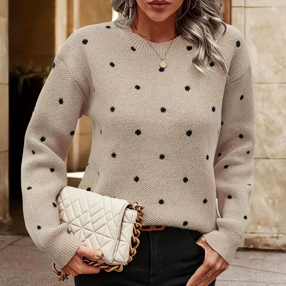 Women's Knitted Sweater with Polka Dot Pattern