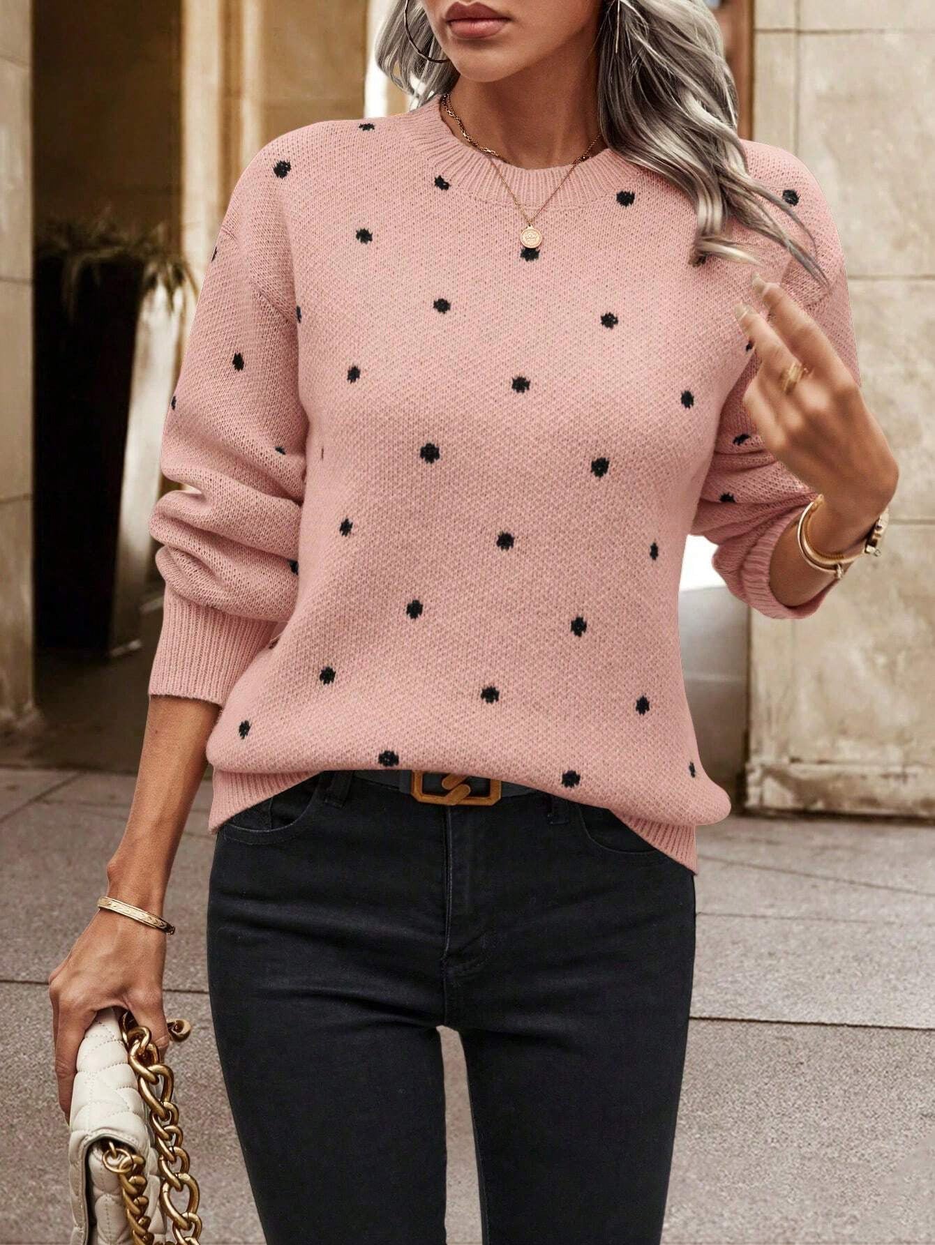 Women's Knitted Sweater with Polka Dot Pattern