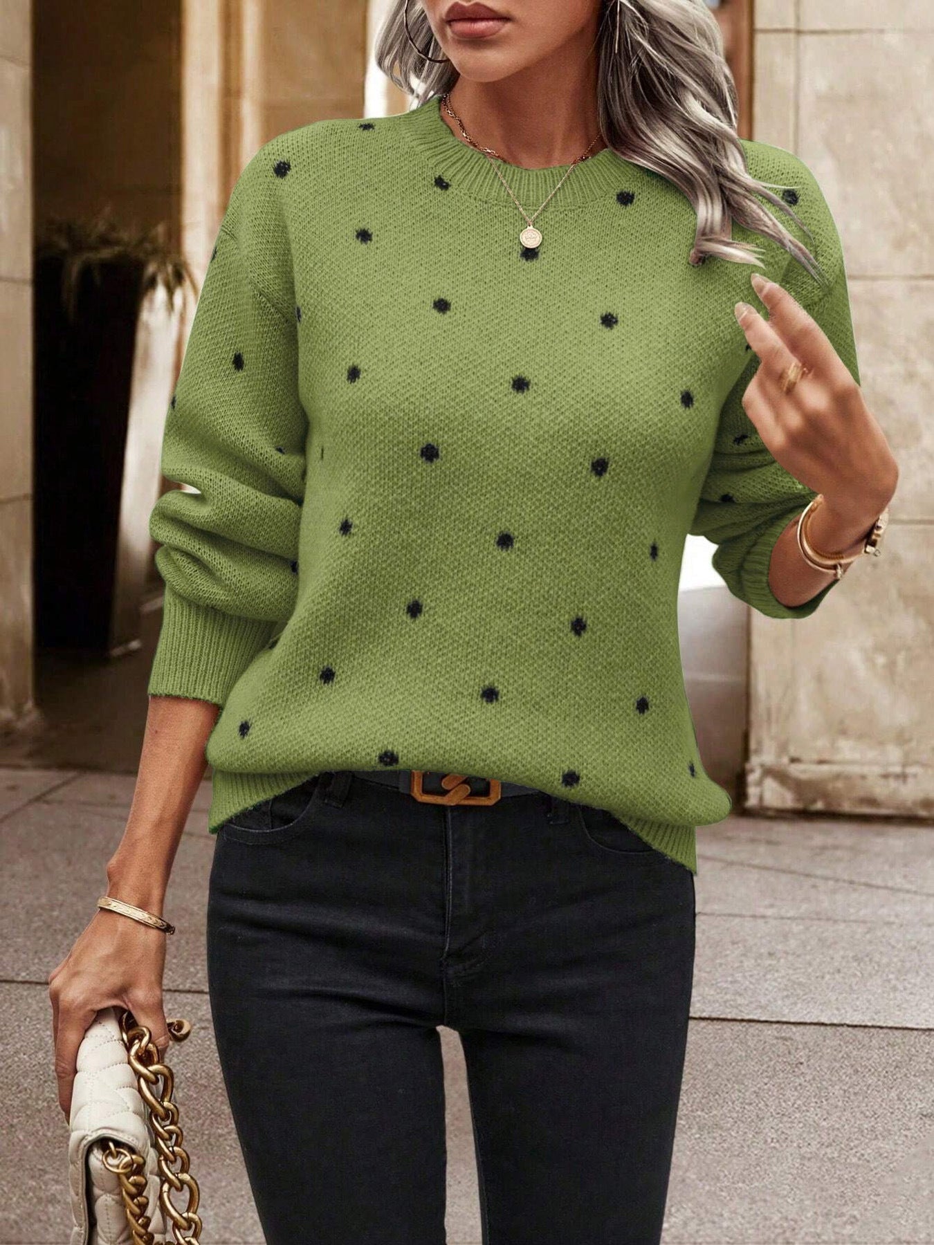 Women's Knitted Sweater with Polka Dot Pattern