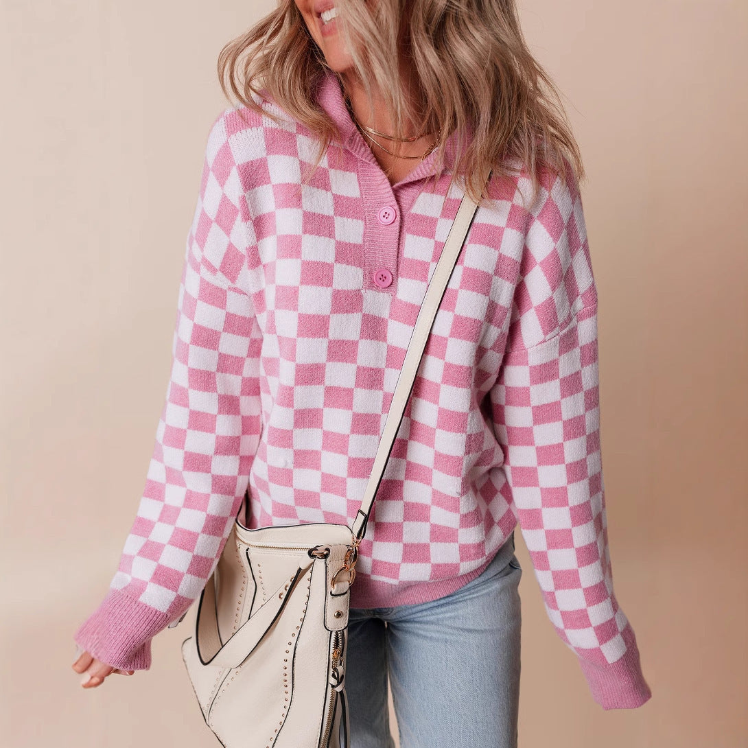 Women's Knitted Sweater with Retro Checkerboard Design and Collared Neck