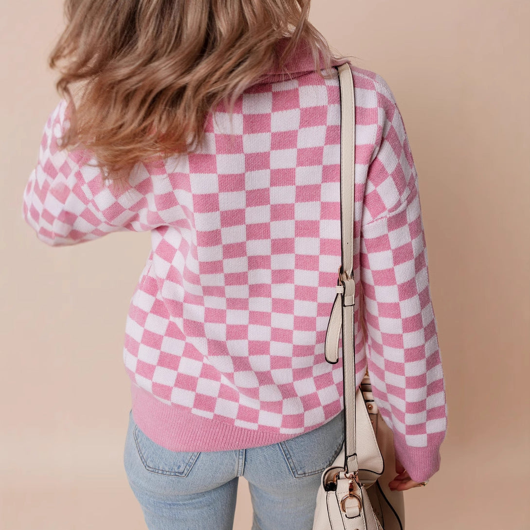 Women's Knitted Sweater with Retro Checkerboard Design and Collared Neck