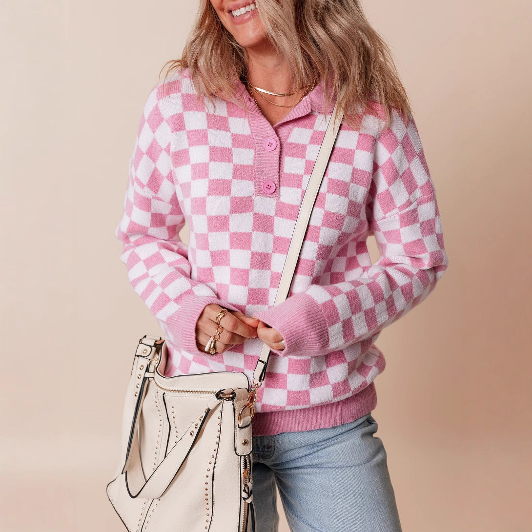 Women's Knitted Sweater with Retro Checkerboard Design and Collared Neck