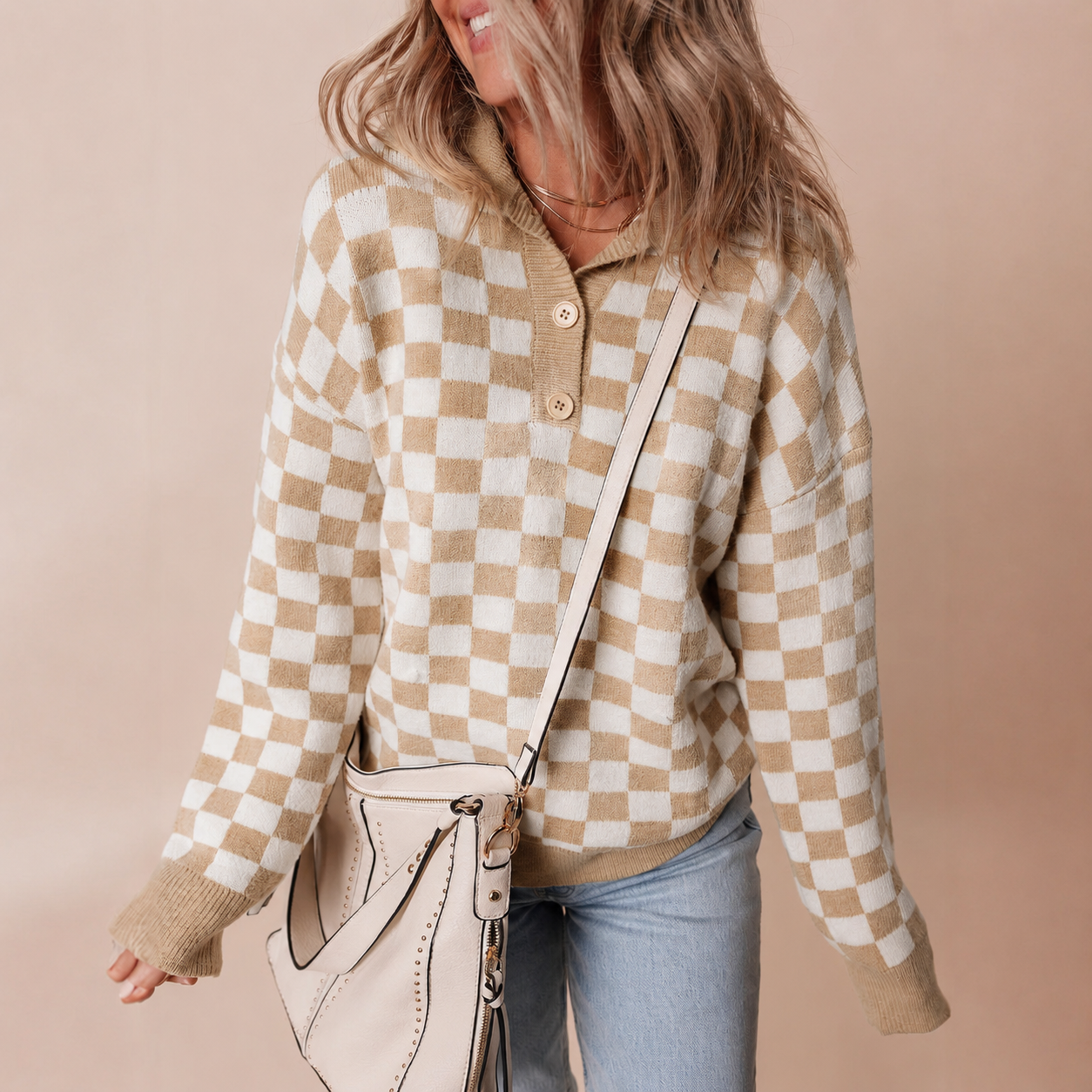 Women's Knitted Sweater with Retro Checkerboard Design and Collared Neck