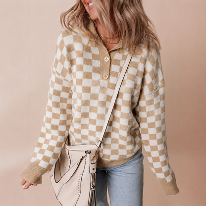 Women's Knitted Sweater with Retro Checkerboard Design and Collared Neck