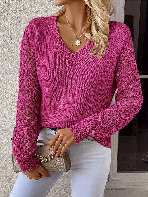 Women's Knitted Sweater with Sheer Sleeves and V-Neck