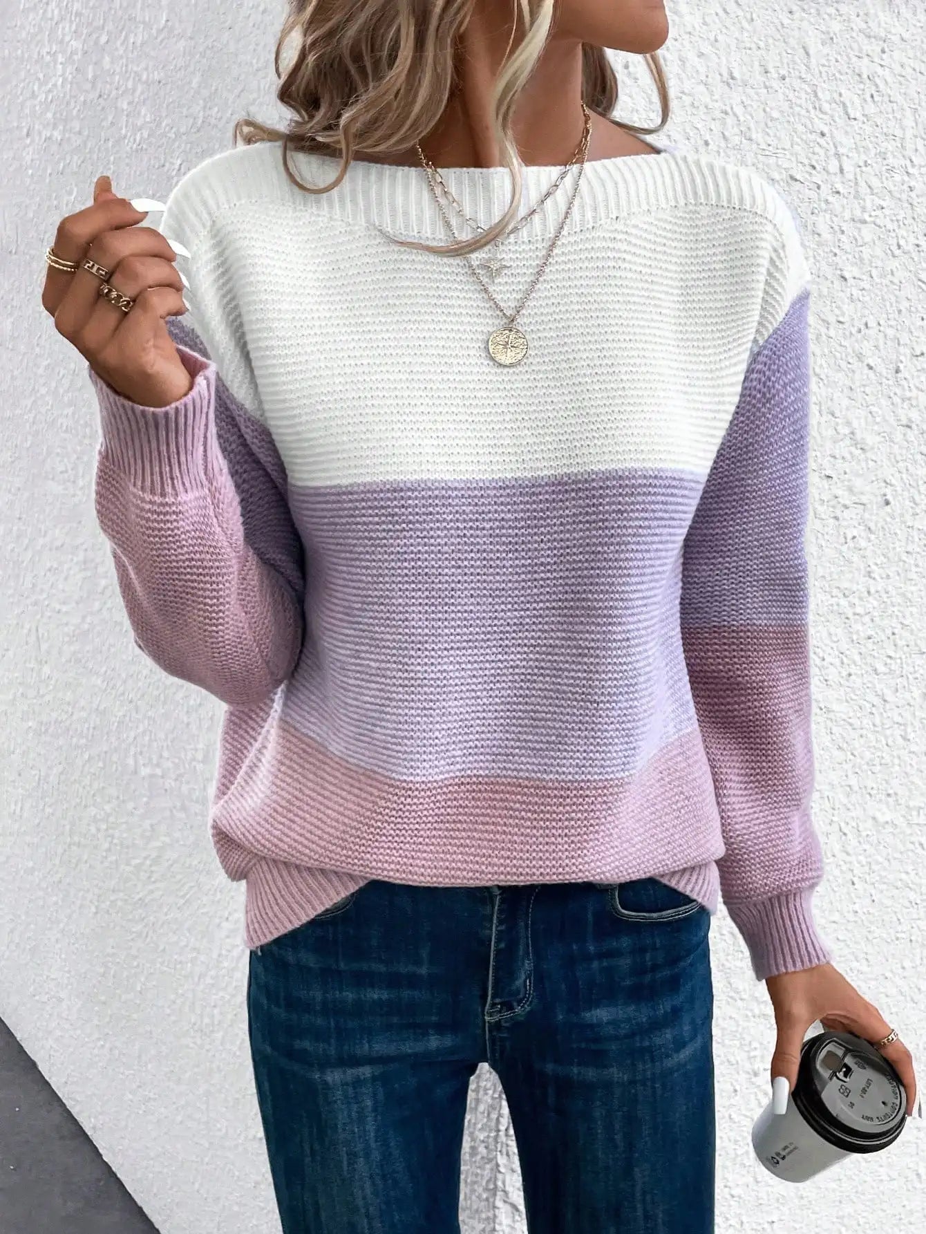 Women's Knitted Sweater with Stand Collar and Ribbed Trims