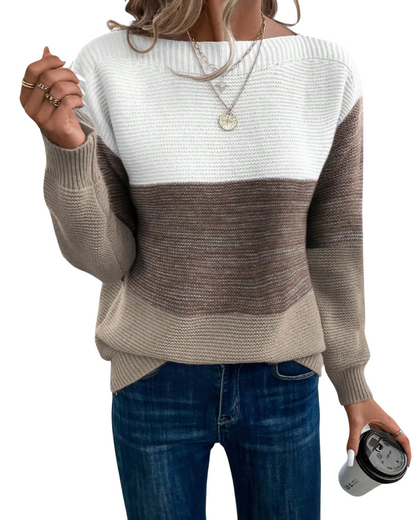Women's Knitted Sweater with Stand Collar and Ribbed Trims