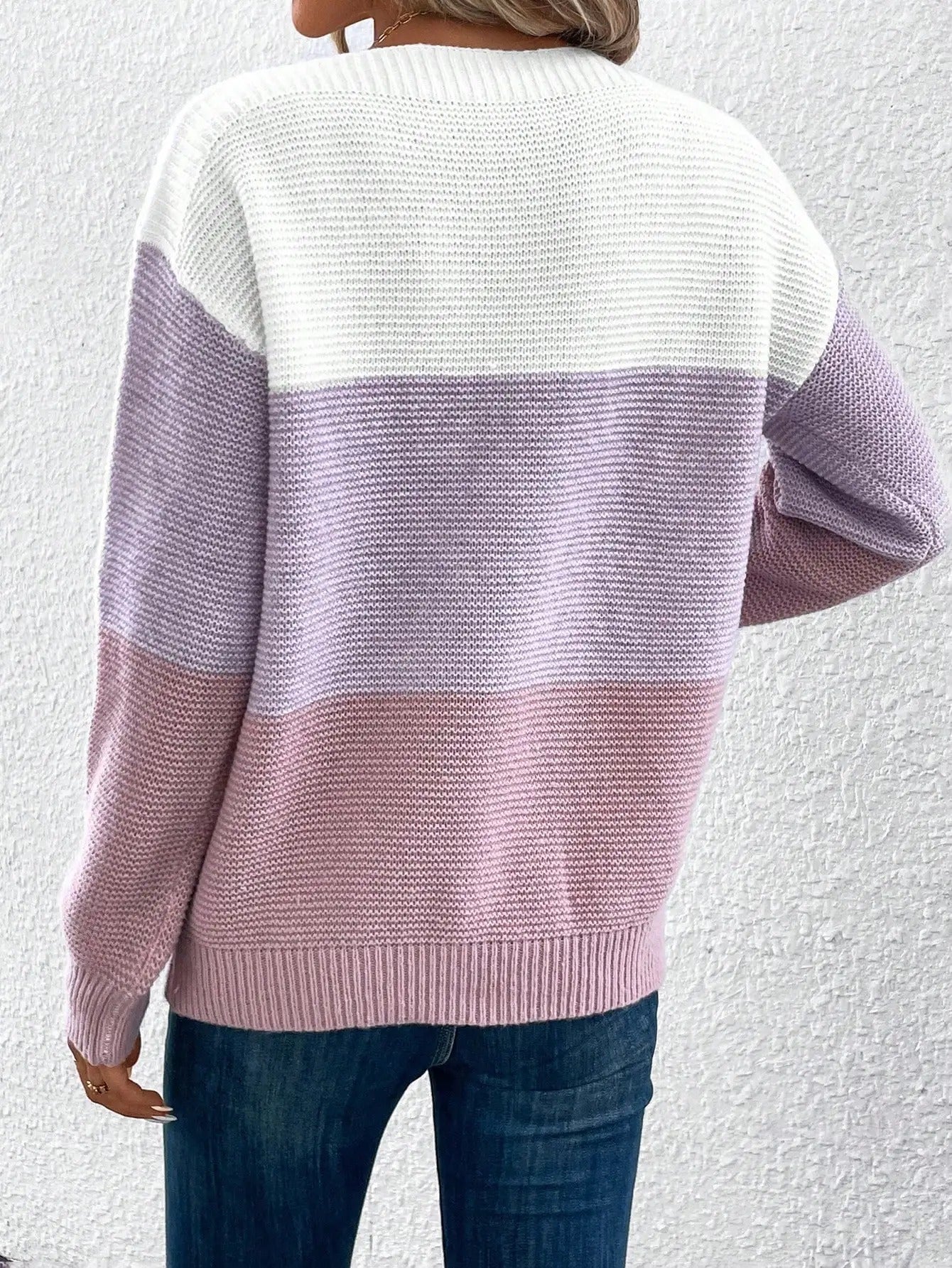 Women's Knitted Sweater with Stand Collar and Ribbed Trims