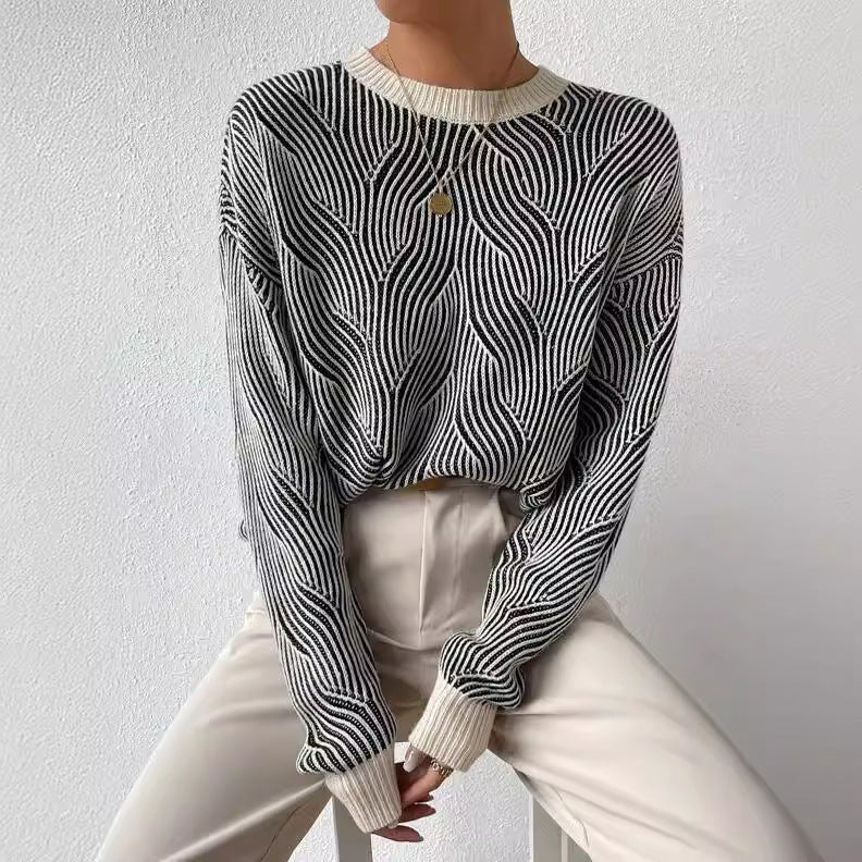 Women's Knitted Sweater with Wave Pattern
