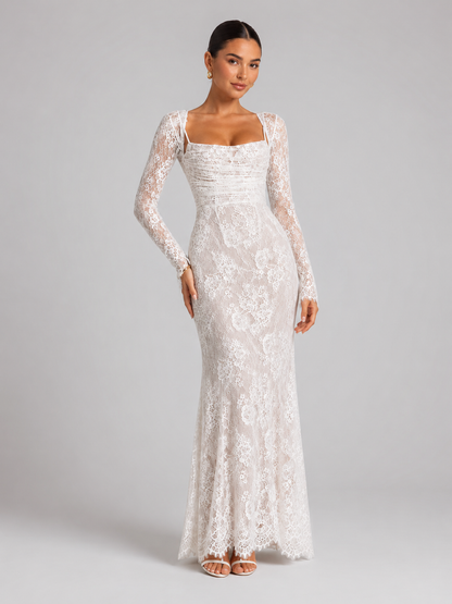 Women's Lace Maxi Dress with Corset Bodice and Long Sleeves