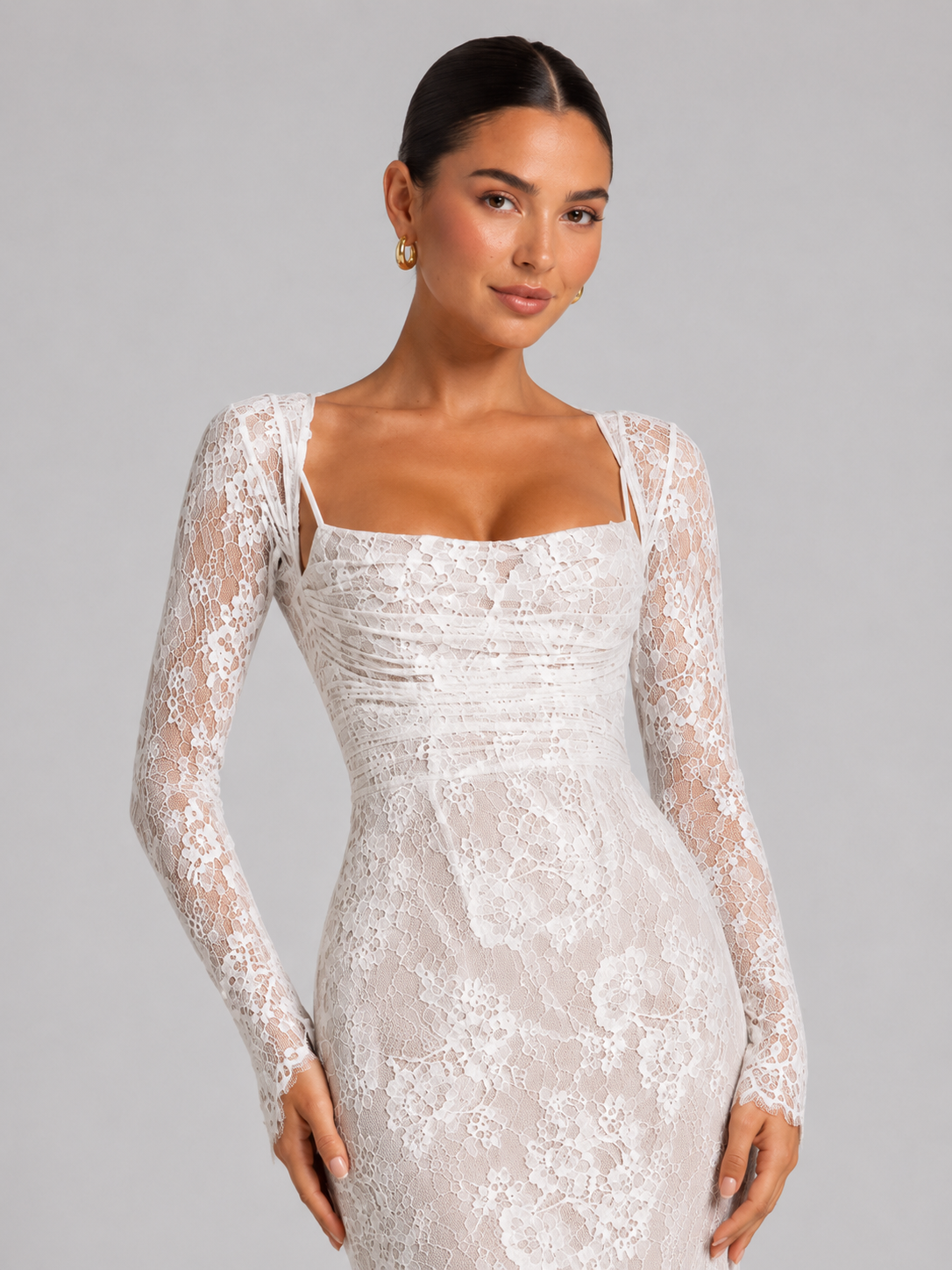Women's Lace Maxi Dress with Corset Bodice and Long Sleeves