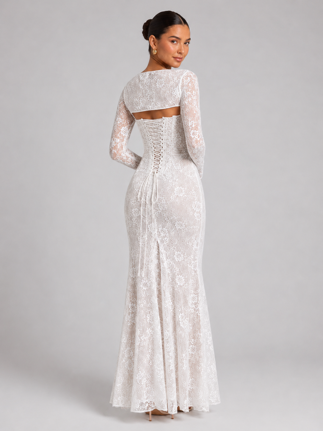 Women's Lace Maxi Dress with Corset Bodice and Long Sleeves