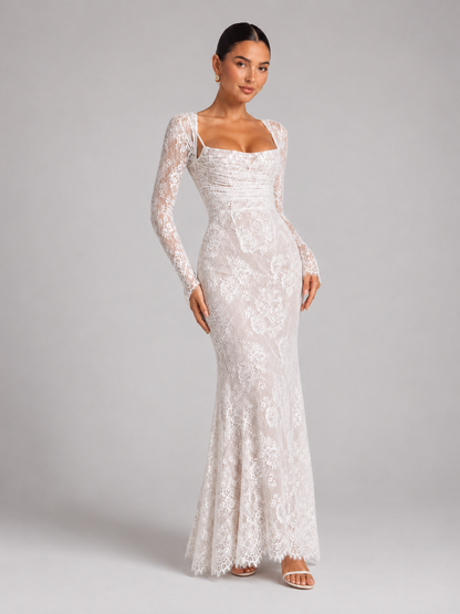Women's Lace Maxi Dress with Corset Bodice and Long Sleeves