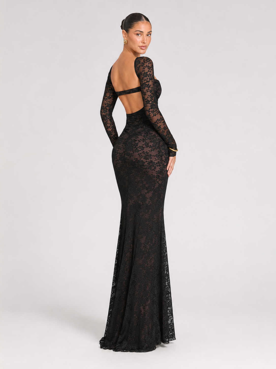 Women's Lace Maxi Dress with Corset Bodice and Long Sleeves