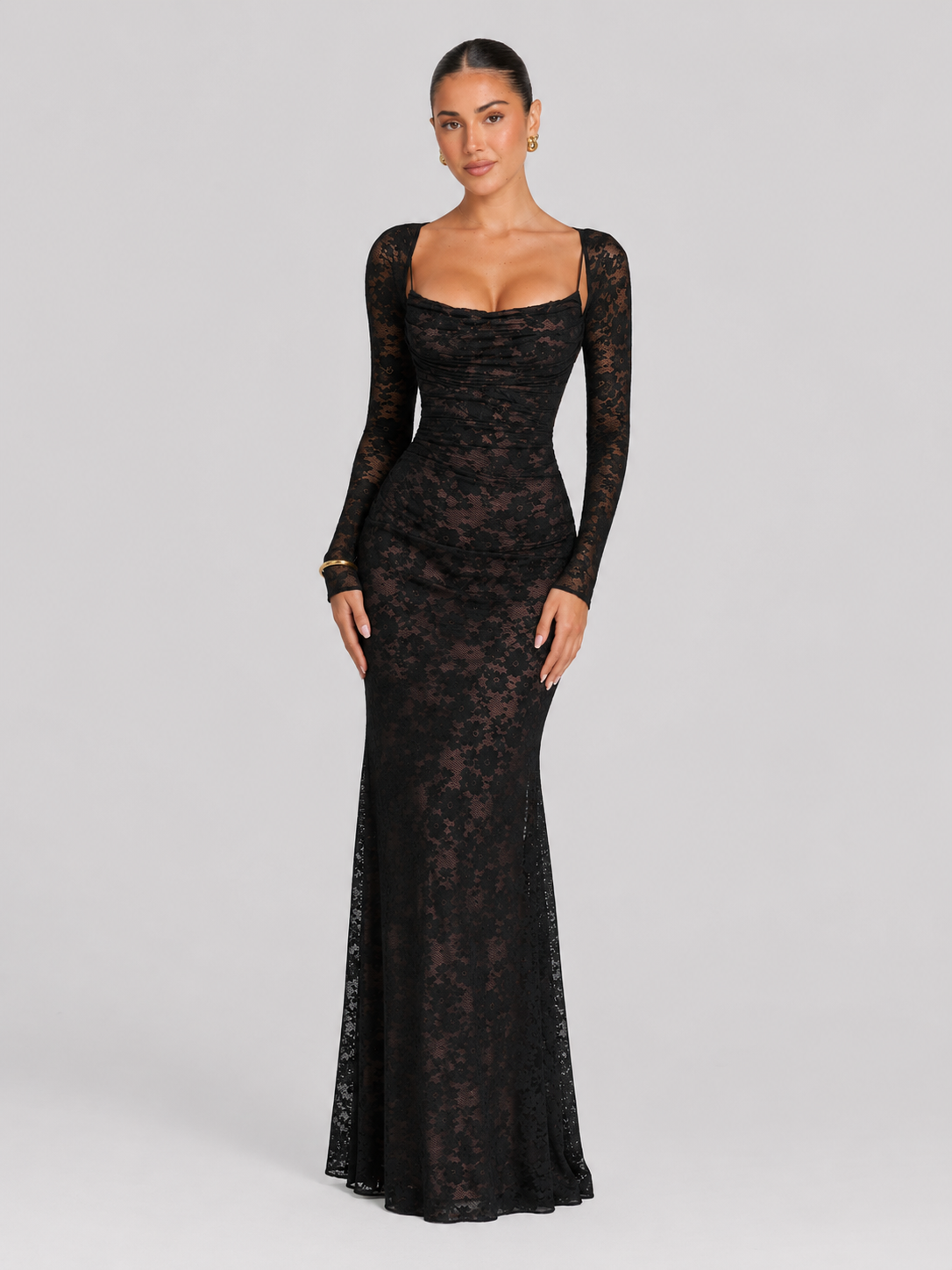 Women's Lace Maxi Dress with Corset Bodice and Long Sleeves