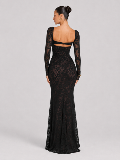 Women's Lace Maxi Dress with Corset Bodice and Long Sleeves