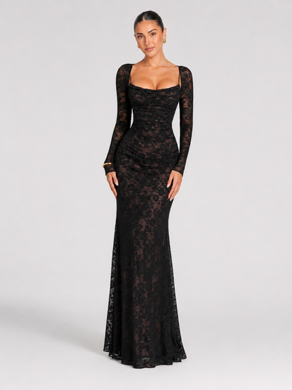 Women's Lace Maxi Dress with Corset Bodice and Long Sleeves