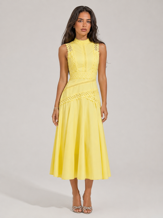 Women's Lace Midi Dress with Structured Bodice and Flowy Skirt