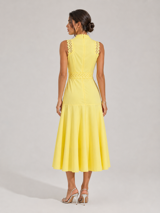 Women's Lace Midi Dress with Structured Bodice and Flowy Skirt