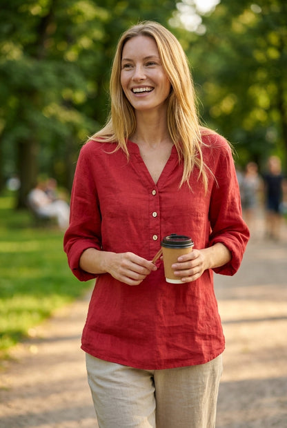 Women's Lightweight V-Neck Button-Down Shirt with Relaxed Fit