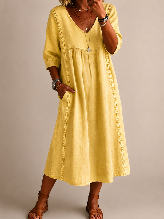 Women's Linen Look Dress with V-Neck
