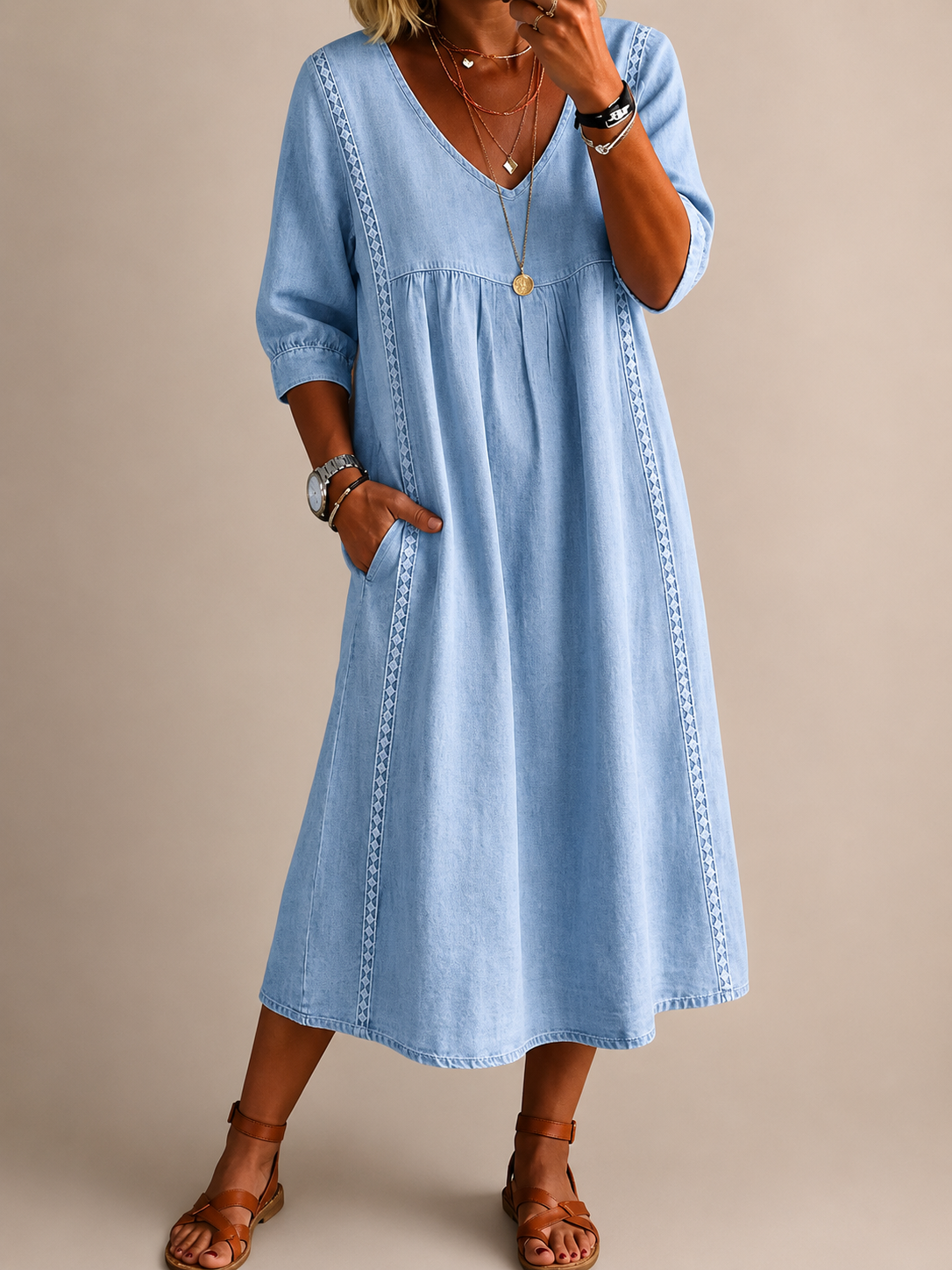 Women's Linen Look Dress with V-Neck