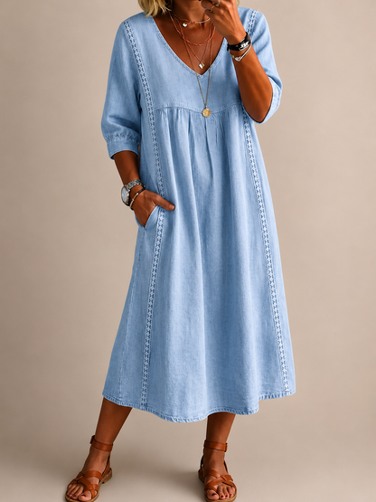 Women's Linen Look Dress with V-Neck