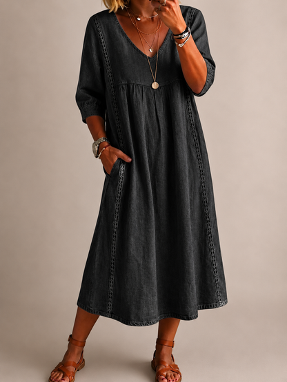 Women's Linen Look Dress with V-Neck