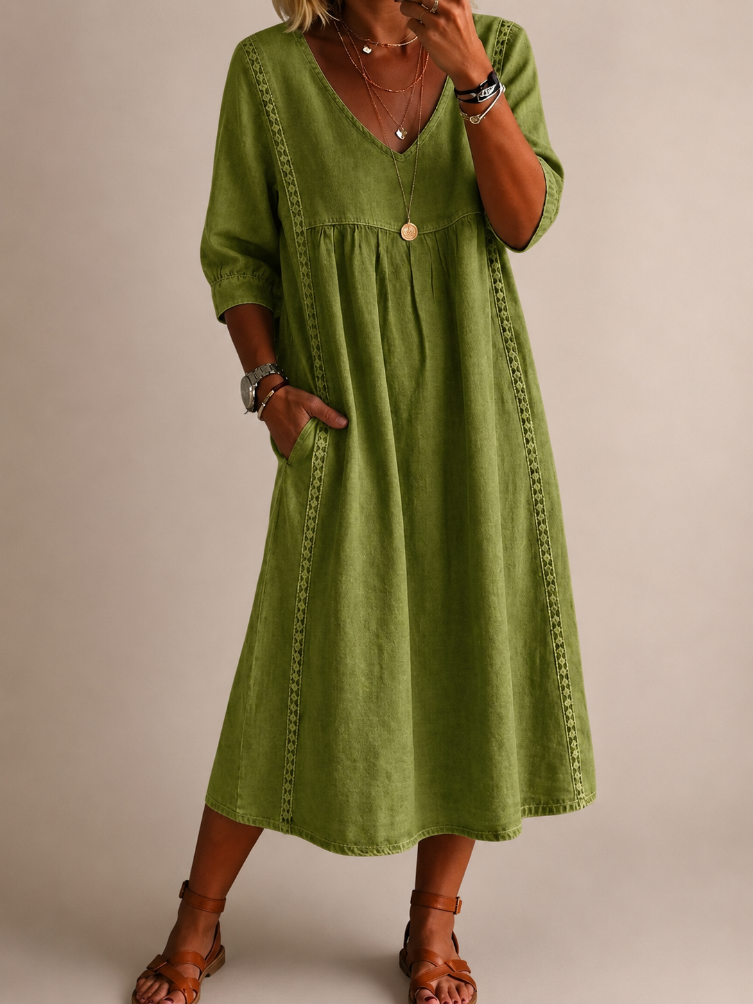 Women's Linen Look Dress with V-Neck