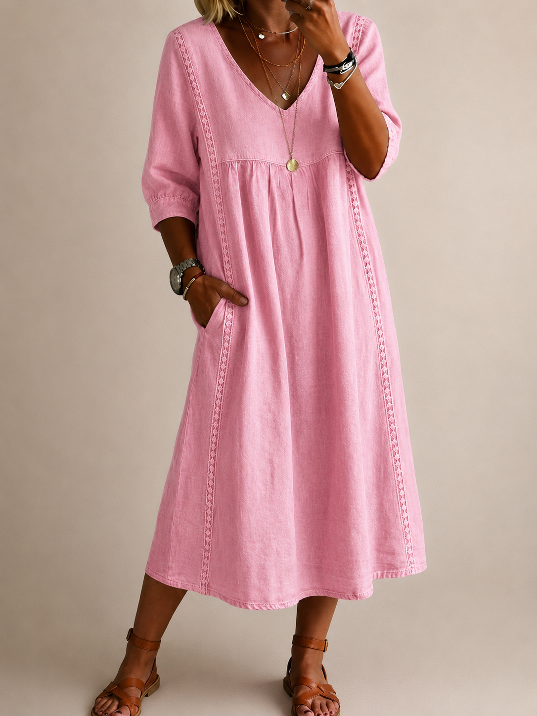 Women's Linen Look Dress with V-Neck
